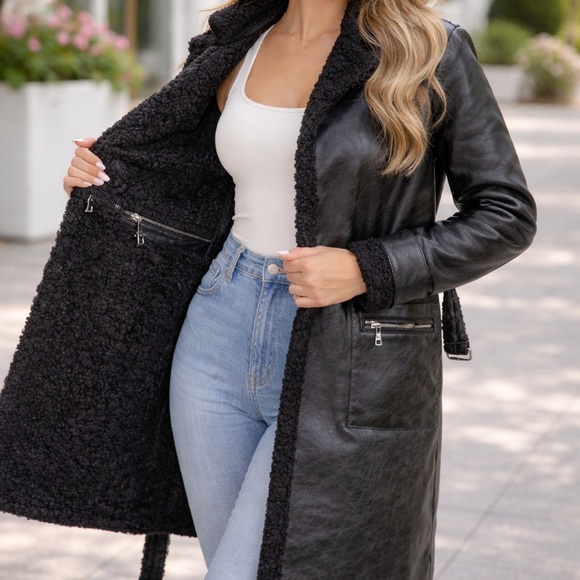 Jackets & Blazers - 117. COST Black mixed fabric coat Sherpa lining pocket faux leather aviator